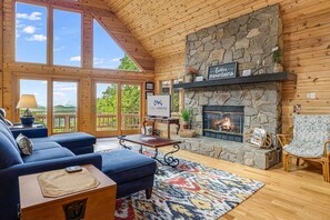 TV connectée, cheminée, livres