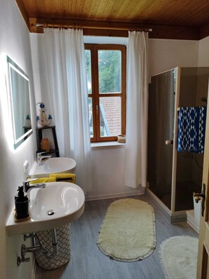 Hair dryer, towels, soap, shampoo