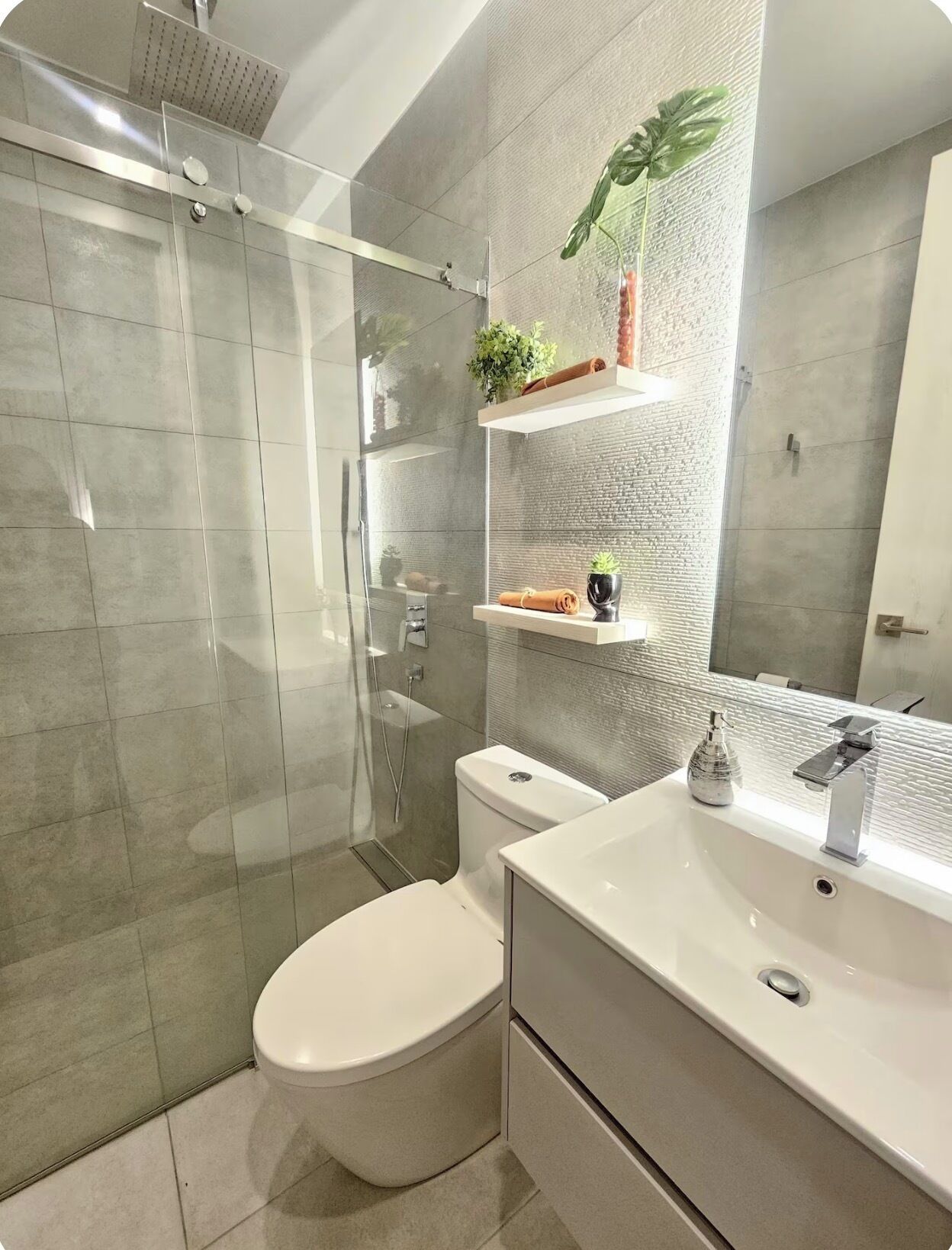 A modern bathroom with a glass shower enclosure, a toilet, a sink with a mirror, and decorative shelves with plants.