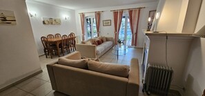 TV, fireplace, books