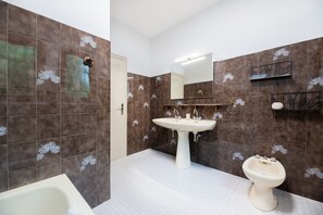 A bathroom with a sink, bidet, and a mirror.