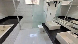 Jetted bath, hair dryer, towels, soap