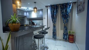 A modern kitchen with a bar area, stainless steel appliances, and a potted plant. - Fully Furnished Two Bedrooms, Modern Kitchen, Wifi (Kumasi)