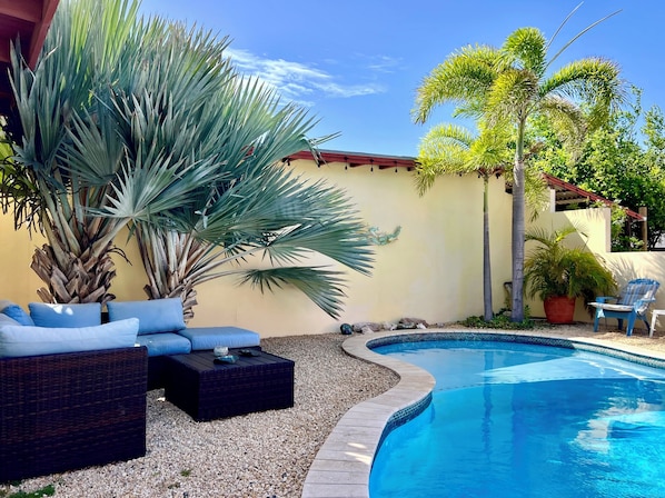 Outdoor pool, sun loungers