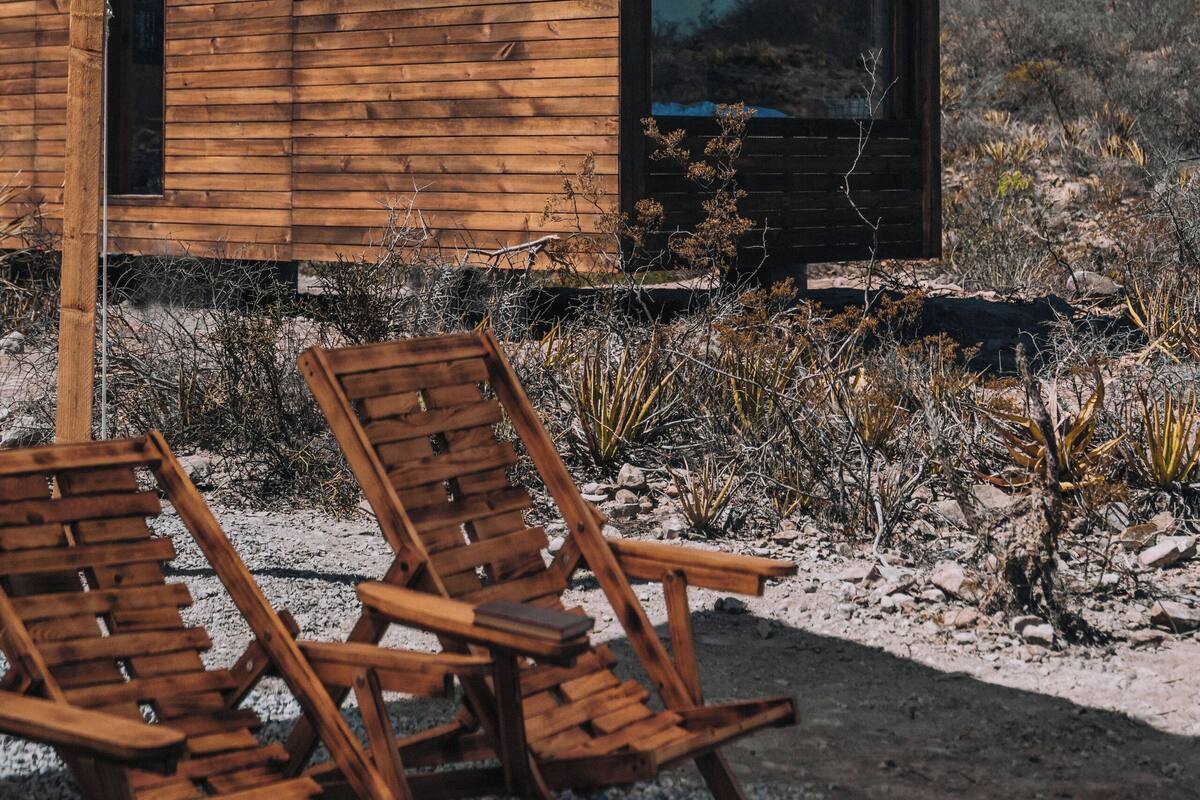 Een moderne houten cabin met een groot raam, omgeven door woestijnvegetatie en een heldere lucht.