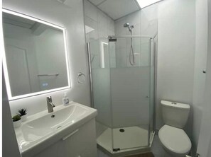 Secador de cabelo, toalhas de banho, sabonete, papel higiênico