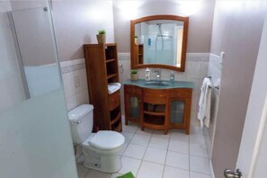 Hair dryer, towels, soap, toilet paper