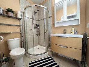 Secadora de cabello, toallas, jabón, papel de baño 
