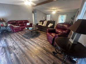 Smart TV, fireplace, books, stereo