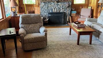 Smart TV, fireplace, DVD player, books