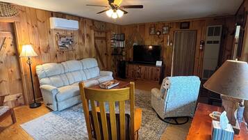 Smart TV, fireplace, DVD player, books