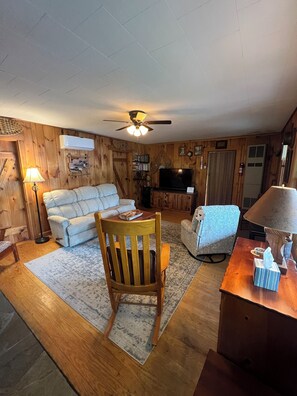 Smart-tv, eldstad, dvd-spelare och böcker