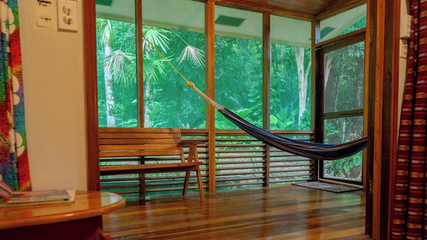 A hammock in a room with a wooden bench, large windows, and a view of a forest. - Private forest view cabin w/AC, 2 beds-restaurant and car rental on site. (Belize)