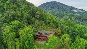 Une cabane entourée d’une forêt dense, avec une montagne en arrière-plan.