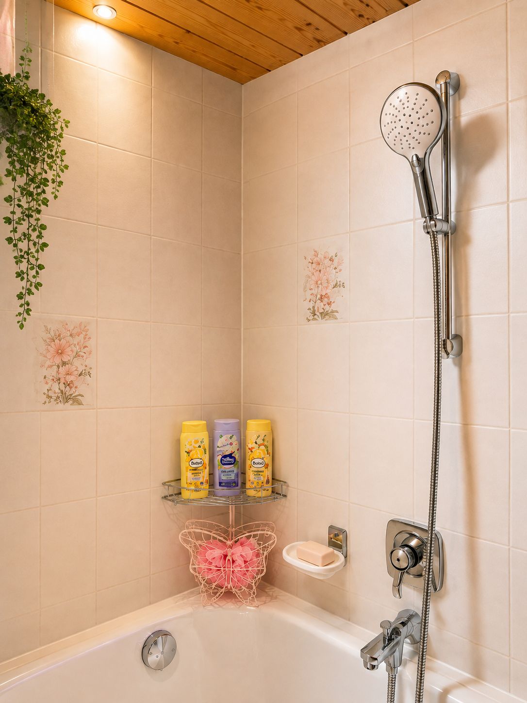 Een badkamer met een douche, een bad en een plank met toiletartikelen.