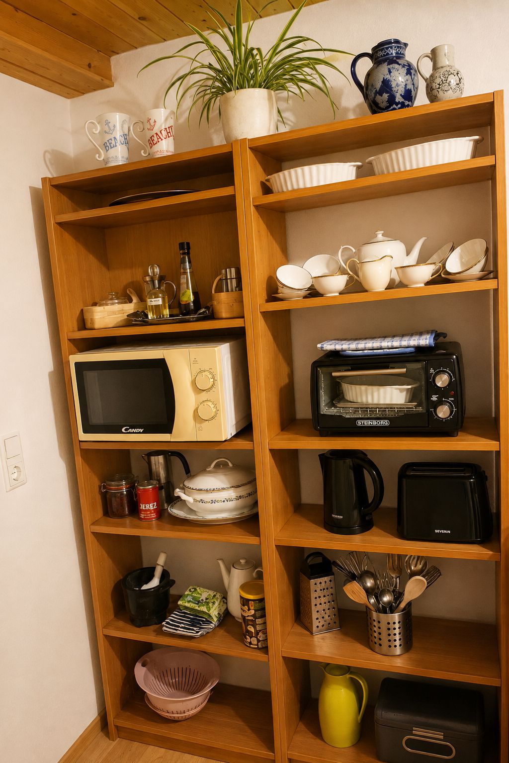 Eine Küche mit Holzregalen, auf denen verschiedene Küchenutensilien, eine Mikrowelle, ein Toaster und ein Wasserkocher stehen.