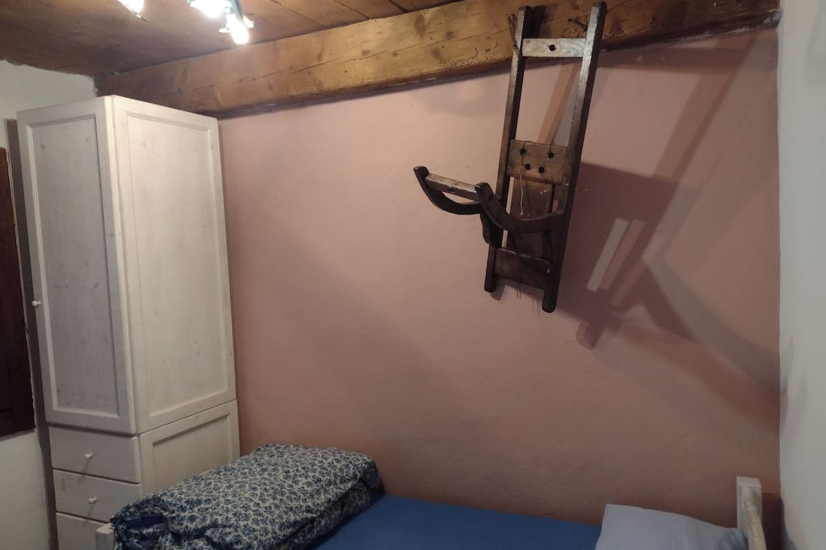 A bedroom with a bed, a wardrobe, and a wooden ladder.