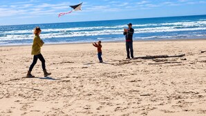 A beach scene with a person flying a kite, another person standing with a child, and a third person walking. - Salty  Seahorse (Waldport)