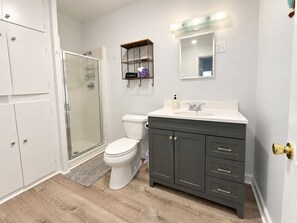 Un bagno con il water, una doccia e un lavabo con specchio.
