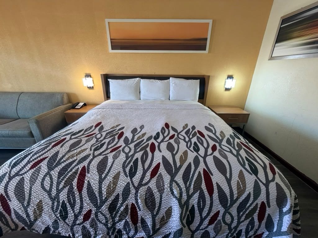 A hotel room with a bed, a nightstand, a lamp, a sofa, and a painting on the wall.