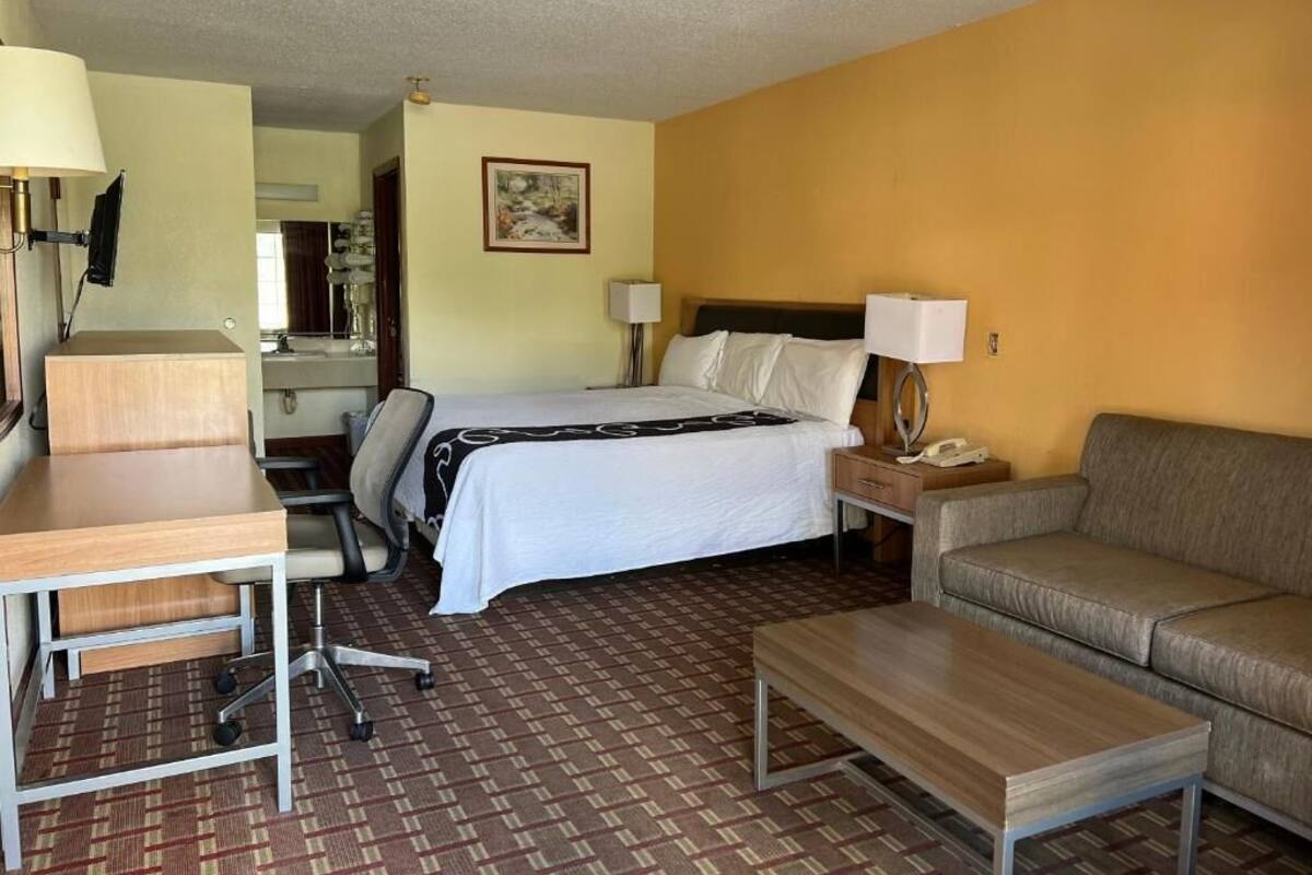 Una habitación de hotel con cama, escritorio, sofá y una mesita.