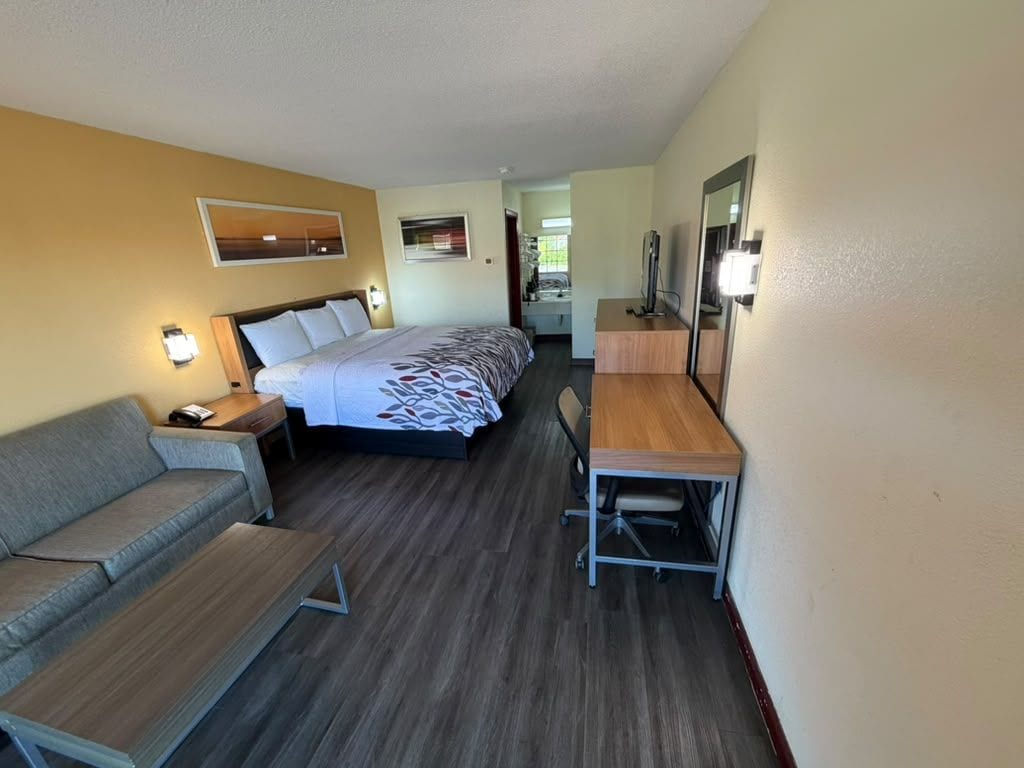 A hotel room with a bed, a sofa, a desk, and a mirror.