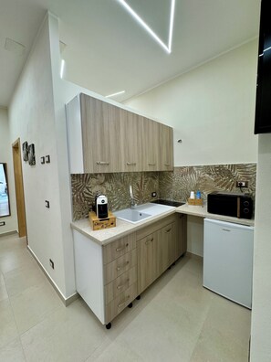 Kühlschrank, Mikrowelle, Herdplatte, Wasserkocher mit Kaffee-/Teezubehör