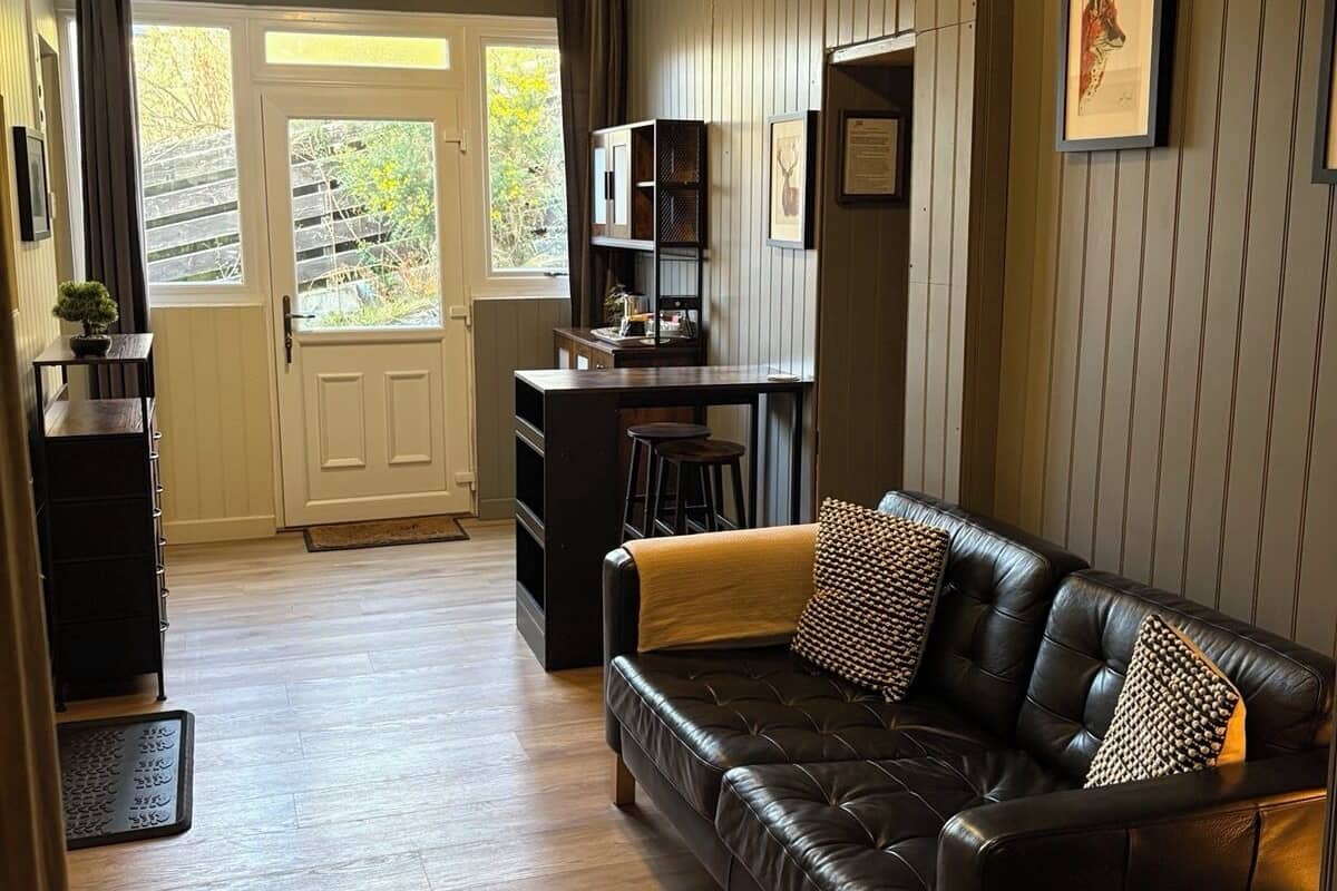 A cozy living room with a leather sofa, a small kitchen area, and a dining table.