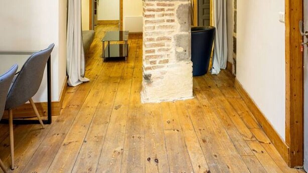 A narrow hallway with wooden flooring, a stone pillar, and a skylight. - Le Cosy - 11 Rue de la Boucherie - Clermont (Clermont-Ferrand)
