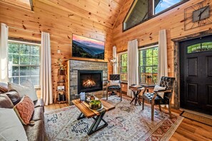 Smart-TV, Kamin, Bücher, Musikbibliothek