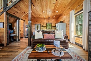 Smart TV, chimenea, libros, biblioteca de música