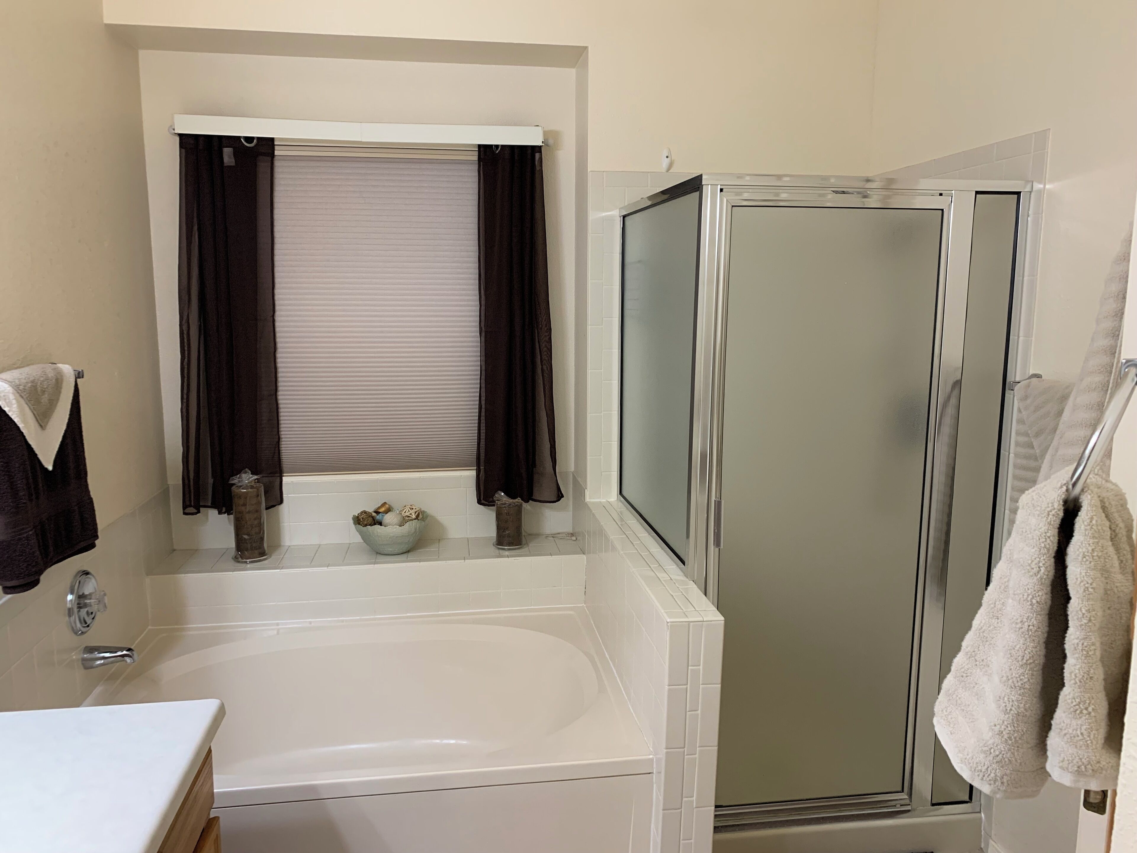 Hair dryer, towels, soap, toilet paper