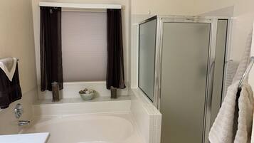 Hair dryer, towels, soap, toilet paper