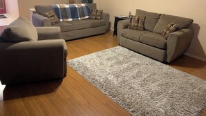 Uma sala de estar com dois sofás, uma mesa de centro e um tapete felpudo.
