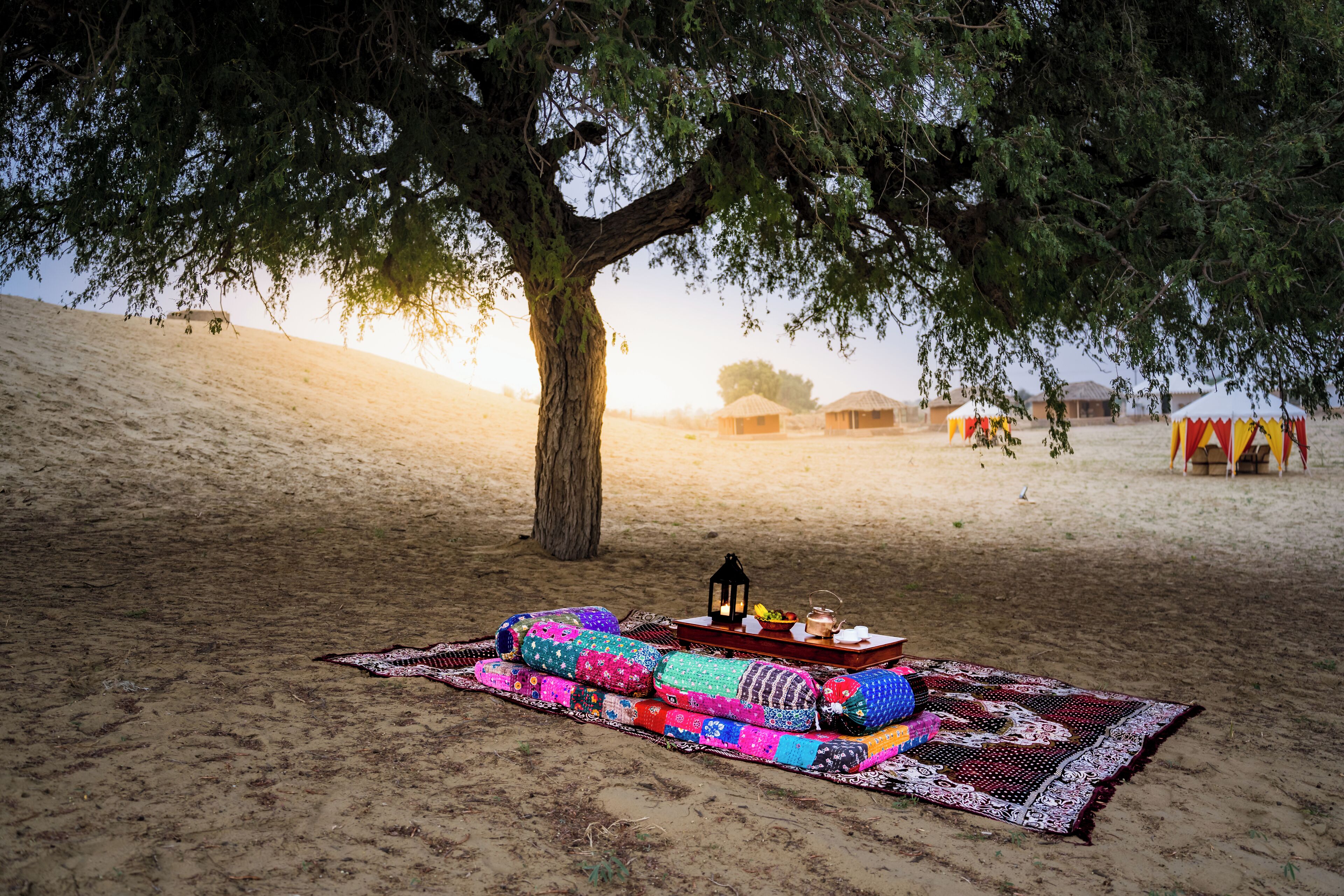 A desert landscape with tents and a picnic setup under a tree.