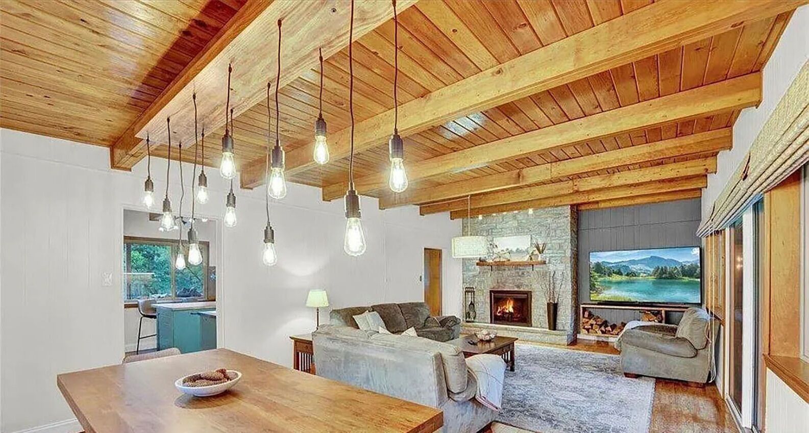 Smart TV, fireplace, DVD player, books