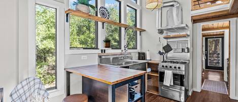 A modern kitchen with a central island, large windows, and a view of greenery.
