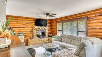 TV, fireplace, books
