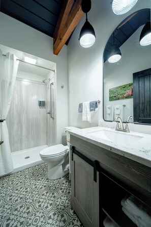 Shower, hair dryer - 19-Hansen Inn & Cabins, Cabin Suite, 1 King, 1 Queen, Sleeper Sofa, Dog Friendly (Wall)