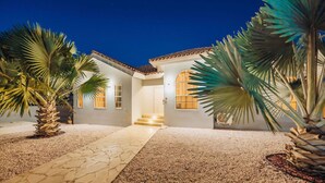 A house with a stone pathway leading to a set of stairs, surrounded by palm trees and a gravel driveway.