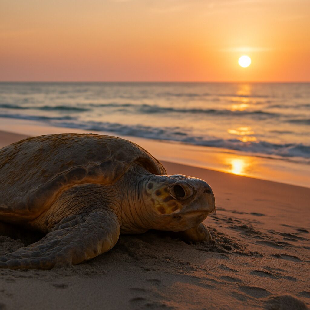 Una tortuga en la playa al atardecer.