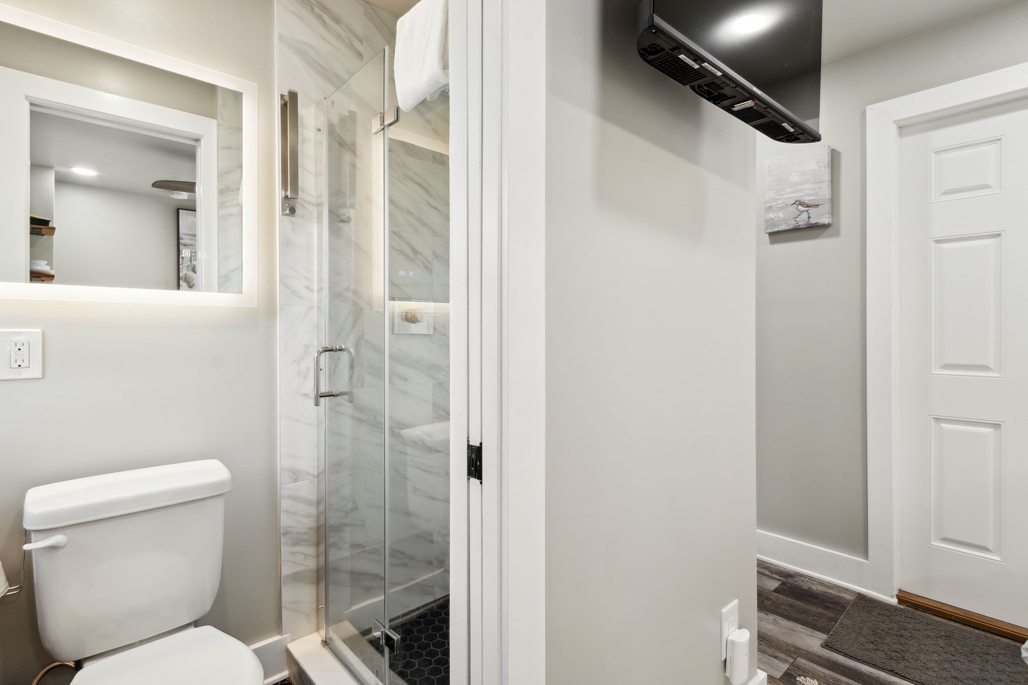 Une salle de bain moderne avec une douche à parois de verre, des toilettes et une porte blanche.
