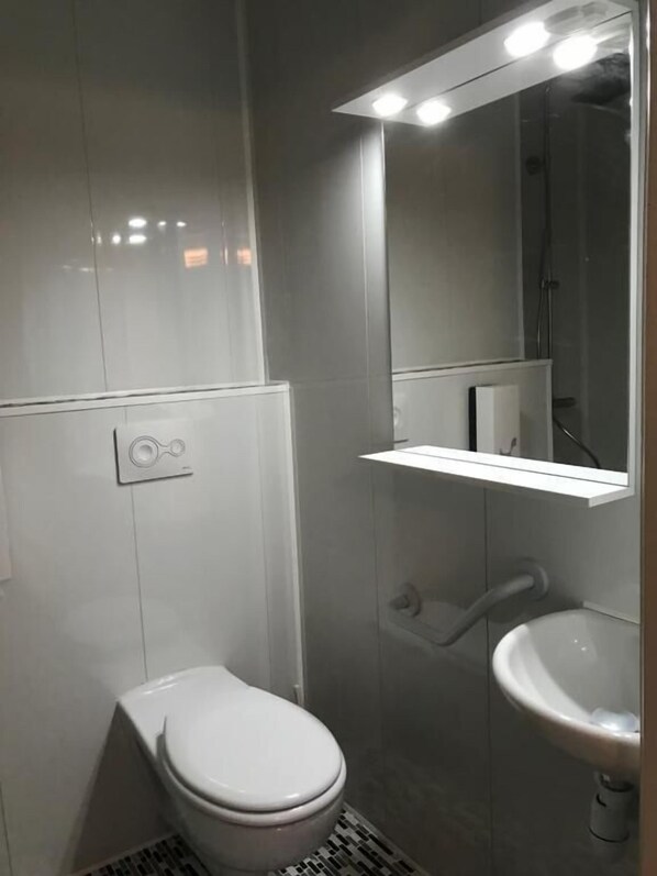 A modern bathroom with a toilet, a sink, and a mirror. - Hôtel Le Rohu (Sene)