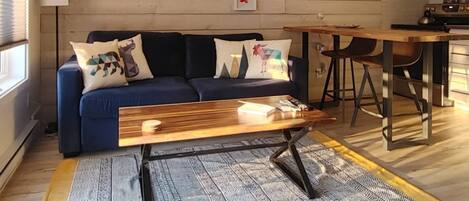 Smart TV, chimenea y libros