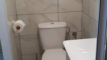 Shower, hair dryer, towels, toilet paper