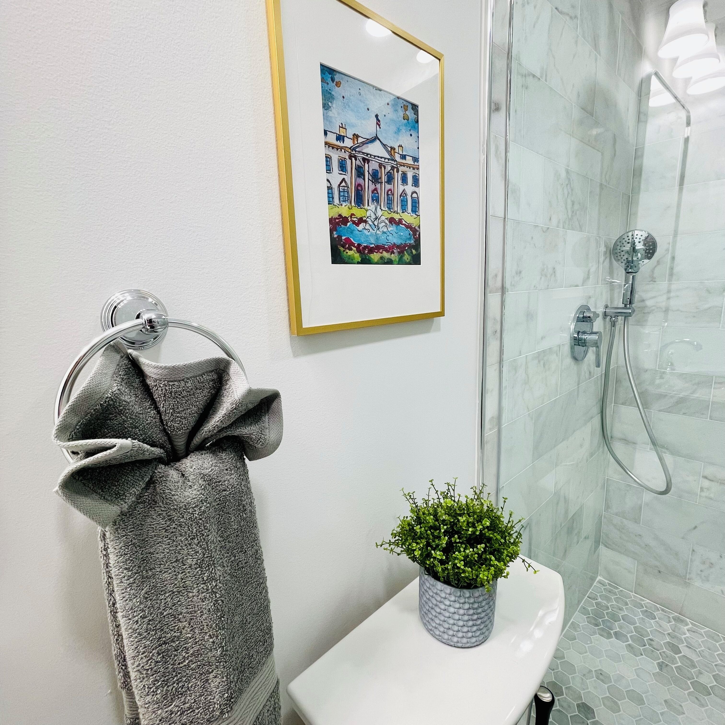 Shower, hair dryer, towels, soap
