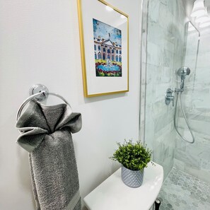 Shower, hair dryer, towels, soap