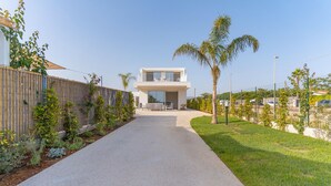 A modern two-story house with a balcony, a paved driveway, and a well-maintained garden with various plants and a palm tree.