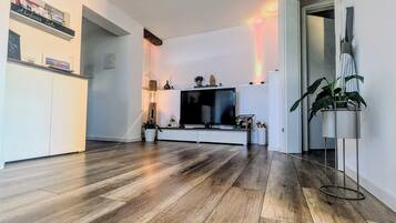 A modern living room with a flat-screen TV, wooden flooring, and a potted plant.