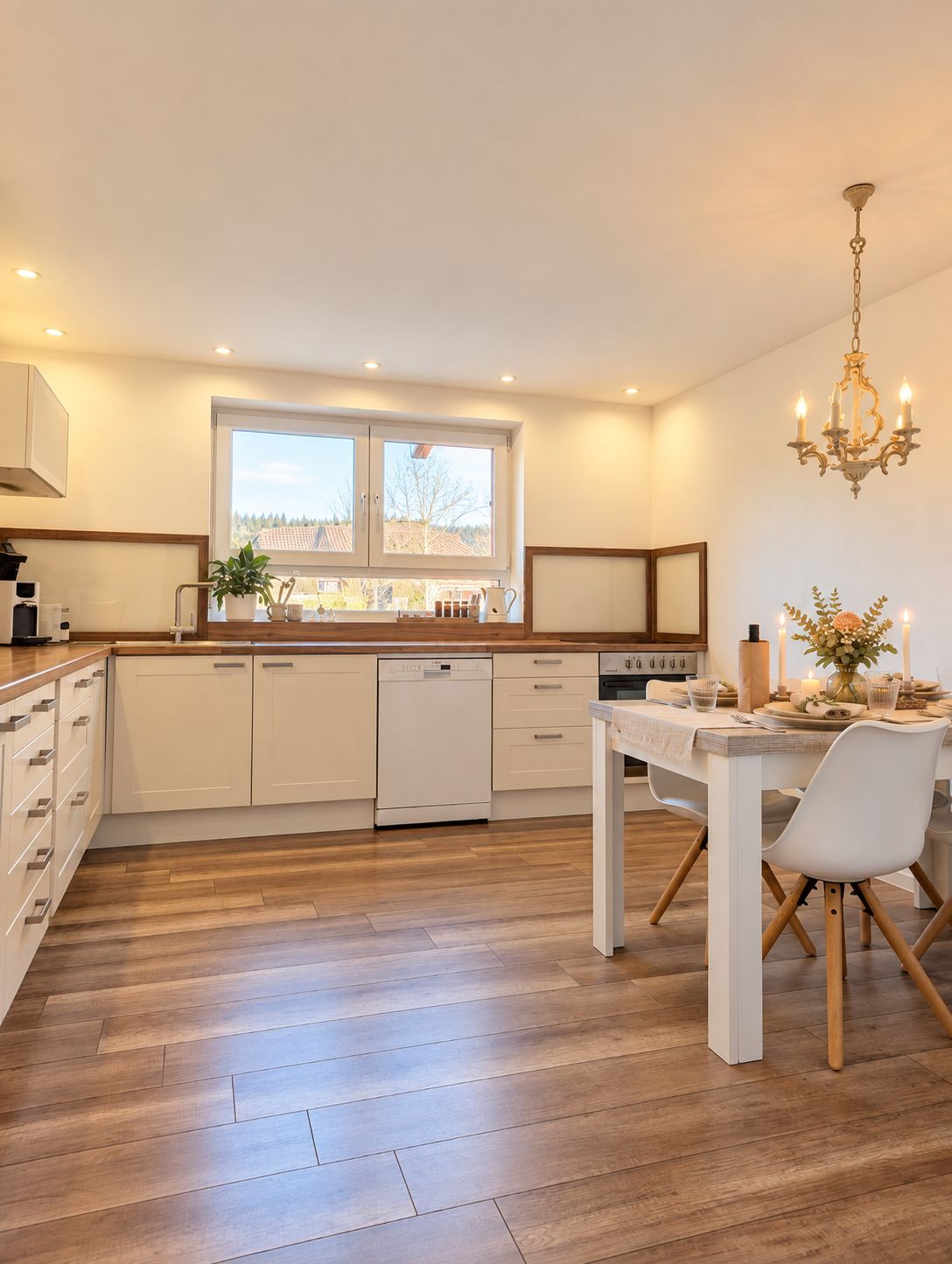 A modern kitchen with a central island, built-in appliances, and a dining area with a chandelier.